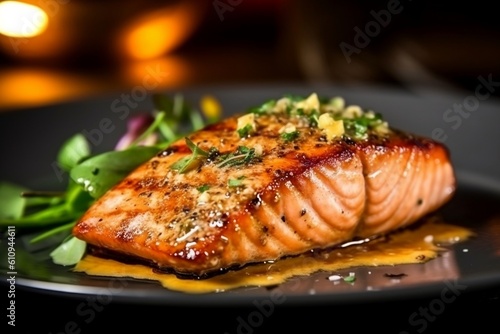 Close Up Succulent Grilled Salmon Fillet in a Luxurious Presentation. Generative AI