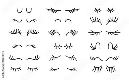 Funny closed unicorn eyes. Mascara lashes, woman makeup, sleeping beauty. Cute animal sleeping face. Vector collection