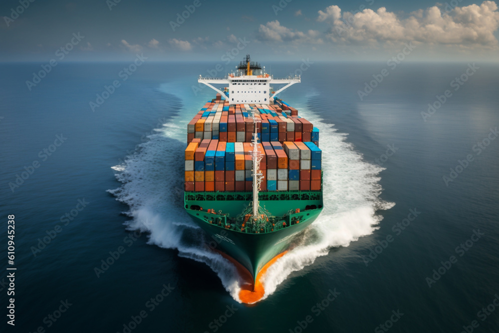 An aerial top view of a container ship in the vast ocean, serving as a vital link for global business logistics, freight shipping, import, export, and international trade. Generative AI. - obrazy, fototapety, plakaty 