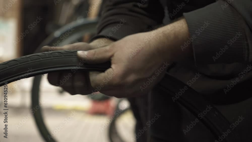 bike mechanic looking for a flat tire bike mechanic looking for a flat tire