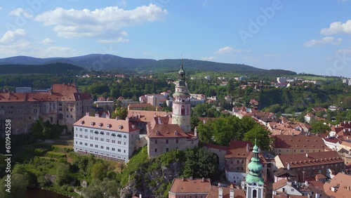 Lovely aerial top view flight 
Krumlov castlein czech republic Cesky in Europe, summer of 2023. fly reverse drone
4K uhd cinematic footage. photo