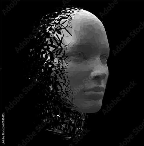 Vector polygonal illustration of a humanoid robot girl head disintegrate. Artificial intelligence taking human form. Human form disintegrating
