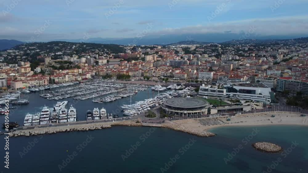 Drone shot boat port and Palace of Festivals and Congresses in Cannes Drone shot boat port and Palace of Festivals and Congresses in Cannes