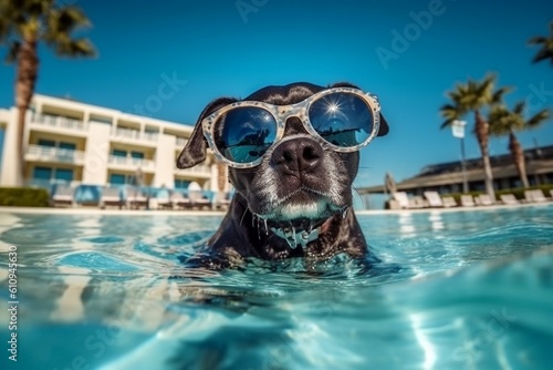 Adorable Dog Puddle Fun with Sunglasses. Generative AI © Haider