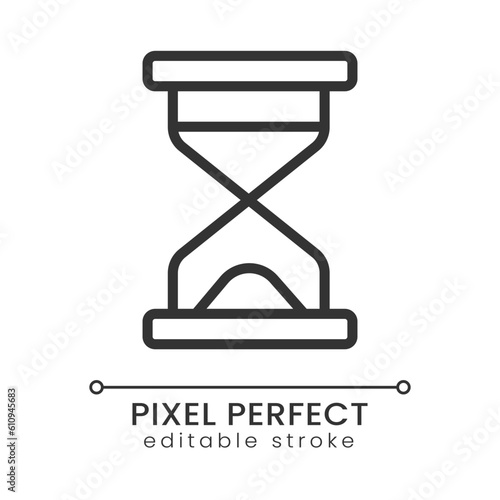 Hourglass pixel perfect linear icon. Loading time. Waiting period. Expiration and finishing. Thin line illustration. Contour symbol. Vector outline drawing. Editable stroke. Poppins font used