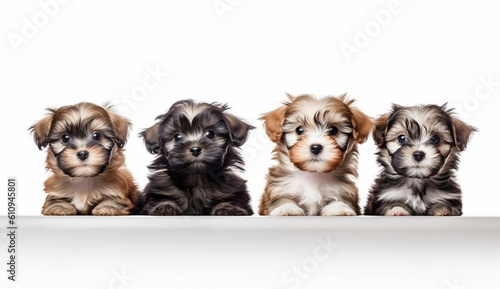 Shih Tzu and Maltese puppies sitting in a row on a white background. Long format banner. Generated by AI.