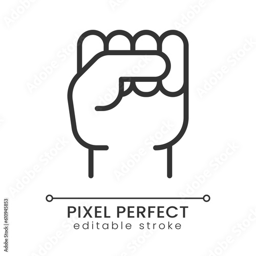 Raised fist yellow pixel perfect linear icon. Gesture of resistance. Political solidarity. Thin line illustration. Contour symbol. Vector outline drawing. Editable stroke. Poppins font used