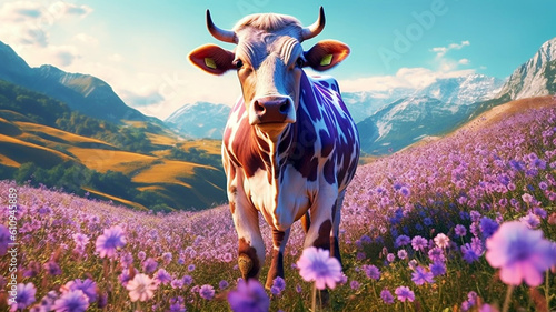A cow with purple spots in Milka style in the alpine mountain meadows among purple flowers, generated by AI.