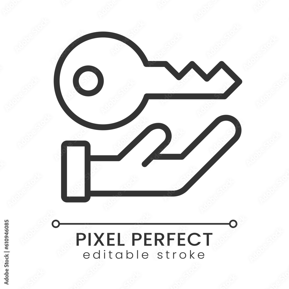 Fototapeta premium Key pixel perfect linear icon. Access to private information. Data storage security. Encryption. Thin line illustration. Contour symbol. Vector outline drawing. Editable stroke. Poppins font used