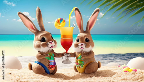 bunnies celebrate on a sandy beach with tropical cocktails
