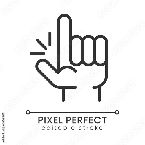Eureka gesture yellow pixel perfect linear icon. Sudden creative idea. Exclamation and gesture. Thin line illustration. Contour symbol. Vector outline drawing. Editable stroke. Poppins font used