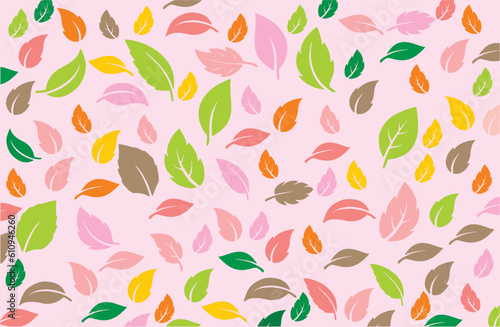 Different plant leaves in soft colors scattered on pink background. Editable vector,Fabric design, high resolution image. Easy to change color. eps 10.