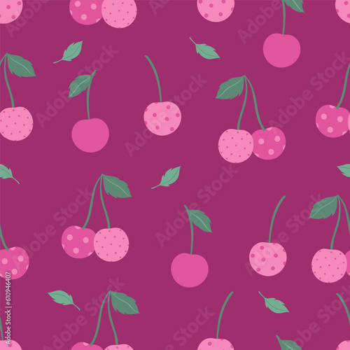 Simple seamless pattern with cherries in pink colors. Vector graphics.