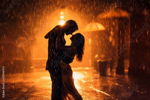 Couple dancing or embracing passionately in the rain. Generative Ai