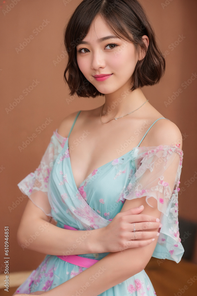 a woman in a colourful dress posing for a picture with her arms crossed and her hand on her chest by generative AI
