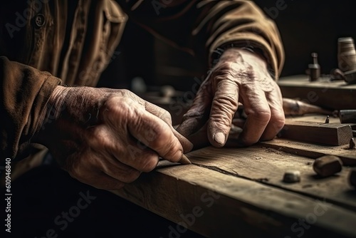 Hands of a old carpenter working. AI generative