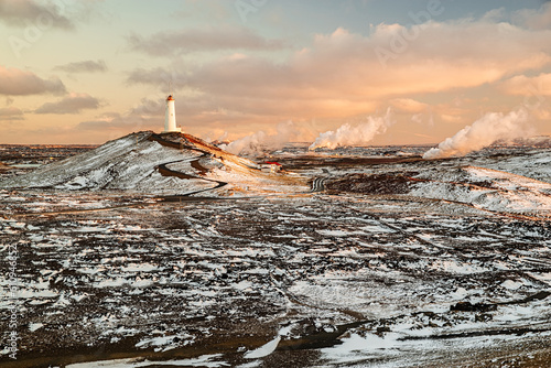 Reykjanesviti lighthouse at sunrise in winter season, iceland