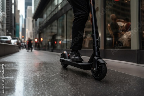 Person using an electric scooter on the city. AI generative