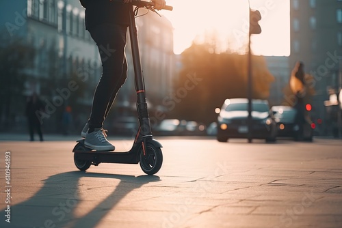 Person using an electric scooter on the city. AI generative © santypan