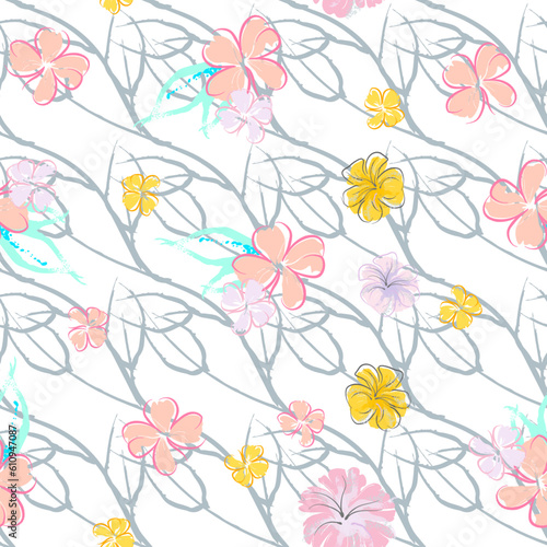 Wallpaper Mural Pink Flowers Blooming Pattern. Pastel Watercolor. Torontodigital.ca