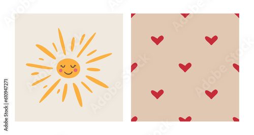 Summer groovy collection. Hand drawn positive vector set. Smiley sun. Cute retro seamless pattern with hearts