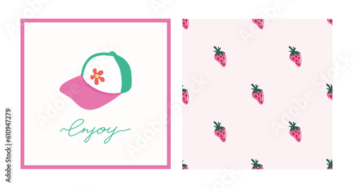 Summer y2k collection. Hand drawn positive hippie baseball cap card. Enjoy typography slogan. Colorful seamless pattern with strawberry