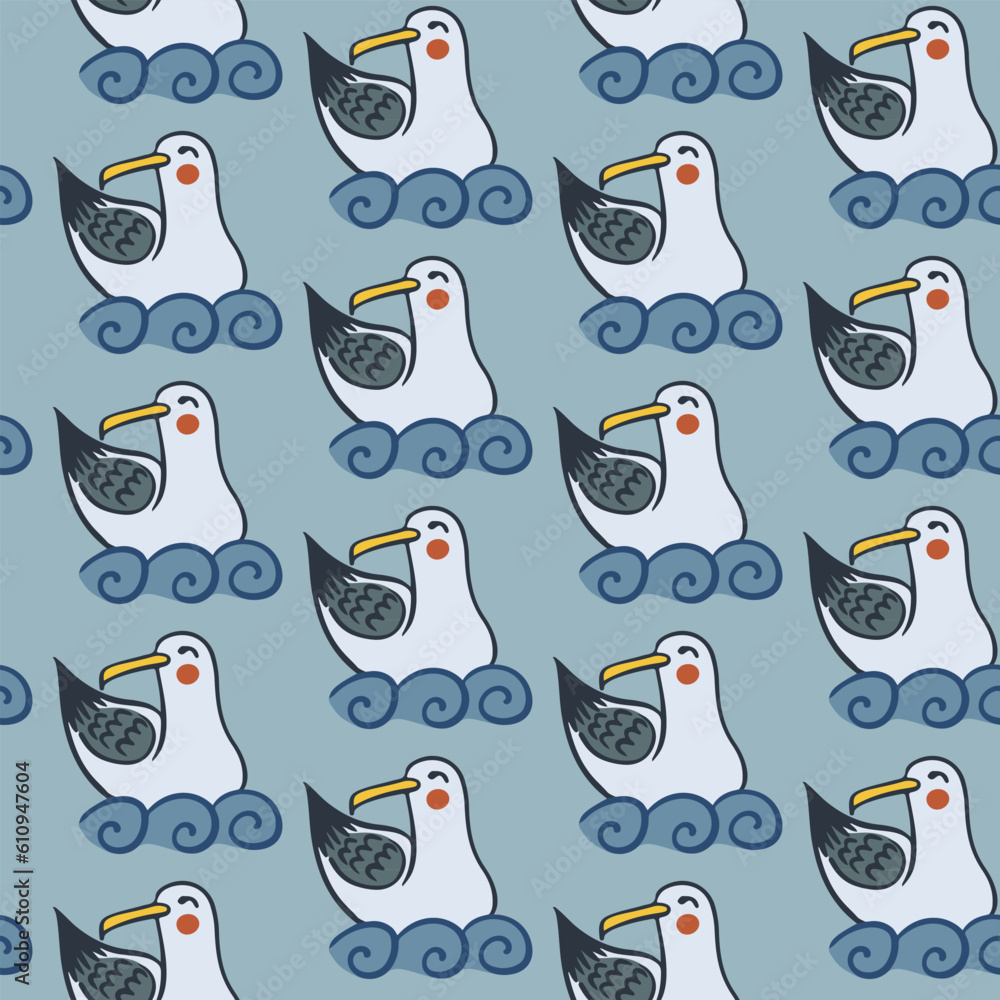 Obraz premium Retro cartoon mew seamless pattern. Flat vector seagull on the sea background with waves. Suitable for kids textile, wallpaper, wrapping, background, interior decor