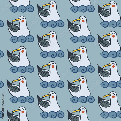 Retro cartoon mew seamless pattern. Flat vector seagull on the sea background with waves. Suitable for kids textile, wallpaper, wrapping, background, interior decor