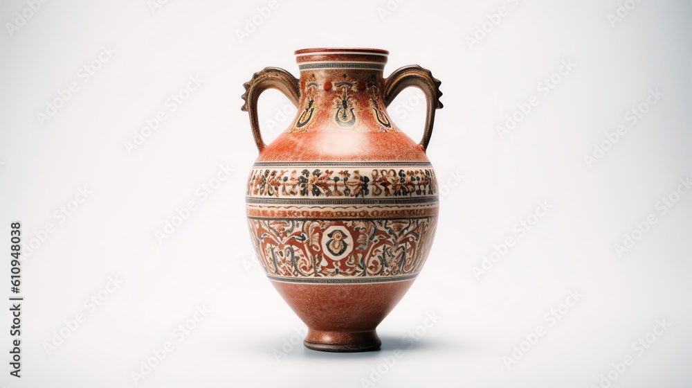 Antique ceramic decorative amphora on a white background, illustration for product presentation template, copy space wallpaper. Ai generative