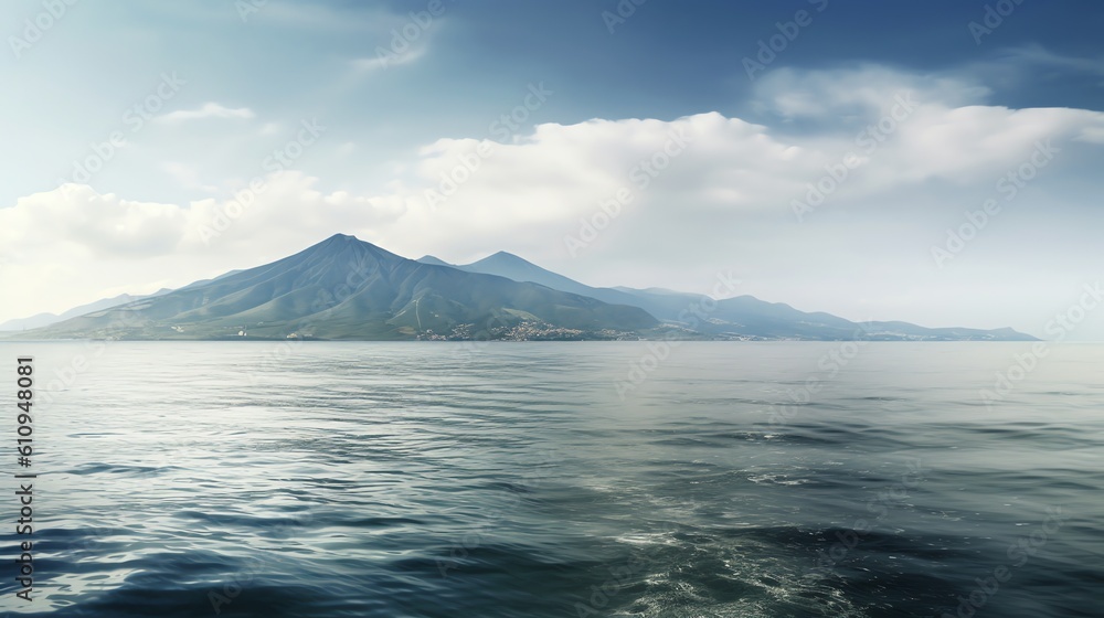 Calm sea surface and few waves with mountain background, illustration for product presentation template, copy space wallpaper. Ai generative