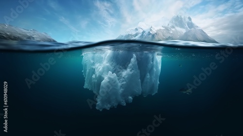 Iceberg floats in the ocean background, illustration for product presentation template, copy space wallpaper. Ai generative