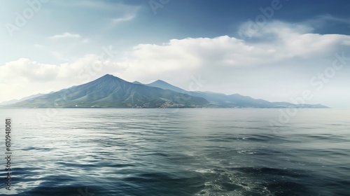 Calm sea surface and few waves with mountain background, illustration for product presentation template, copy space wallpaper. Ai generative