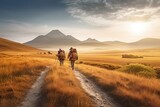Two Hikers Walking on Dirt Road in Mountains - AI Generative