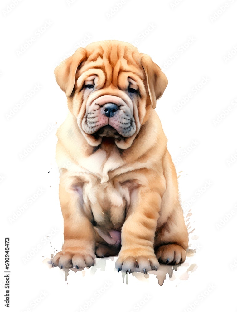 Cute Shar Pei puppy on white background in watercolor style. Generative AI.