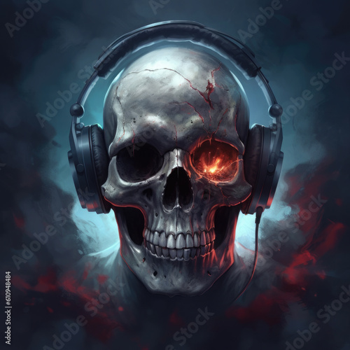 Skull in headphones. Digital art. Generative AI.