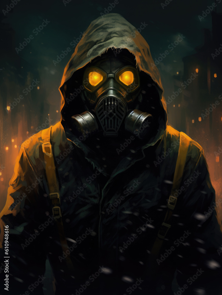 A man in a gas mask and a jacket with a hood, against the backdrop of the city. Digital art style. Generative ai. A man in a gas mask and a jacket with a hood, against the backdrop of the city. Digital art style. Generative ai.