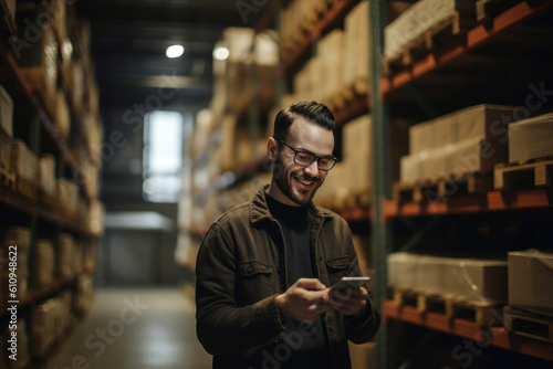 Happy online store owner using a smartphone in a warehouse. Generative AI