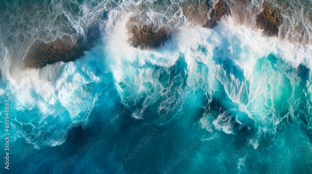 Top view on ocean waves. Generative AI. Top view on ocean waves. Generative AI.