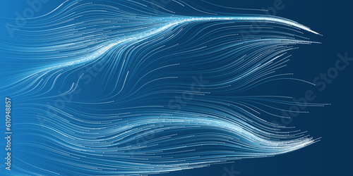 White and Blue Moving, Flowing, Stream of Glowing Particles in Curving, Wavy Lines - Dark Futuristic Modern Abstract 3D Geometric Background, Graphic Design, Generative Art in Editable Vector Format