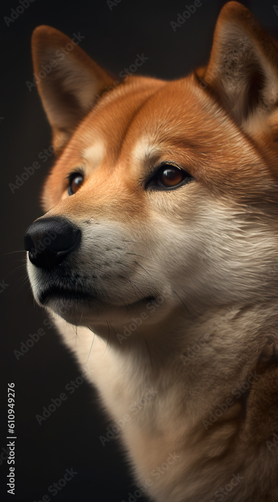 A close up of a dog with a black background. Generative AI. Shiba inu dog portrait.