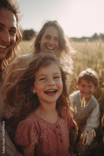 Family photo in field with little girl smiling. Generative AI