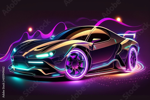 The future of automotive technology digital car in a futuristic style. The concept for a banner or landing page  complete with stunning light effects and neon accents. Generative AI.