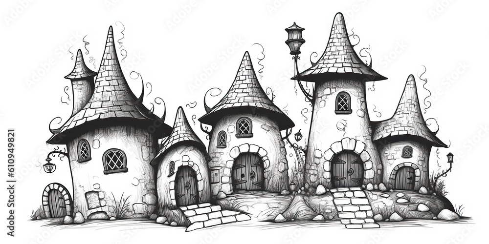 Fototapeta premium AI Generated. AI Generative. Kids cartoon color bokk doodle drawing paiant. Black and white illustration of cozy house. Graphic Art