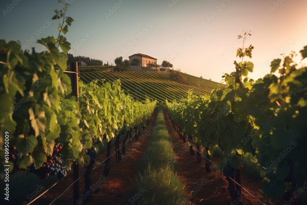 Rolling wine vineyard at dawn, cinematic. Generative AI