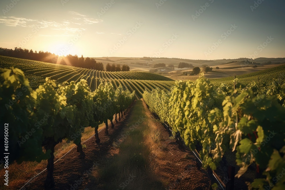 Rolling wine vineyard at dawn, cinematic. Generative AI