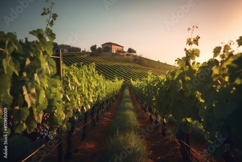 Rolling wine vineyard at dawn  cinematic. Generative AI