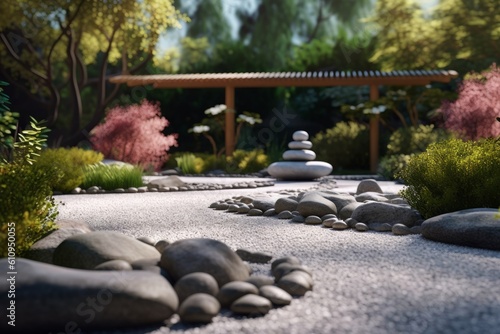 Peaceful Zen garden in spring. Generative AI photo