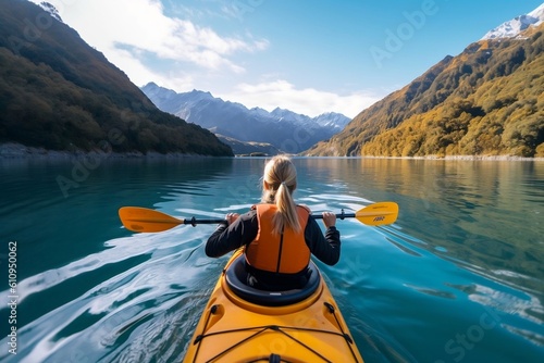 Elegant Lady Kayaking in a Serene Lake with Beautiful Landscape. Generative AI