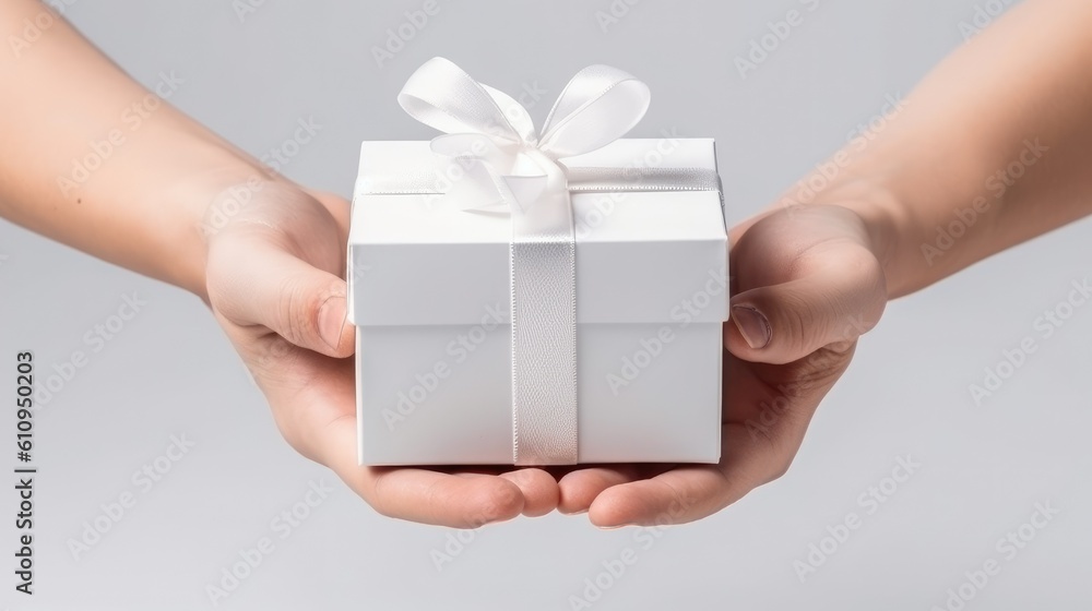 hand holding a white gift box with ribbon, isolated on clean white background, in advertising stock mockup style - generative AI hand holding a white gift box with ribbon, isolated on clean white background, in advertising stock mockup style - generative AI