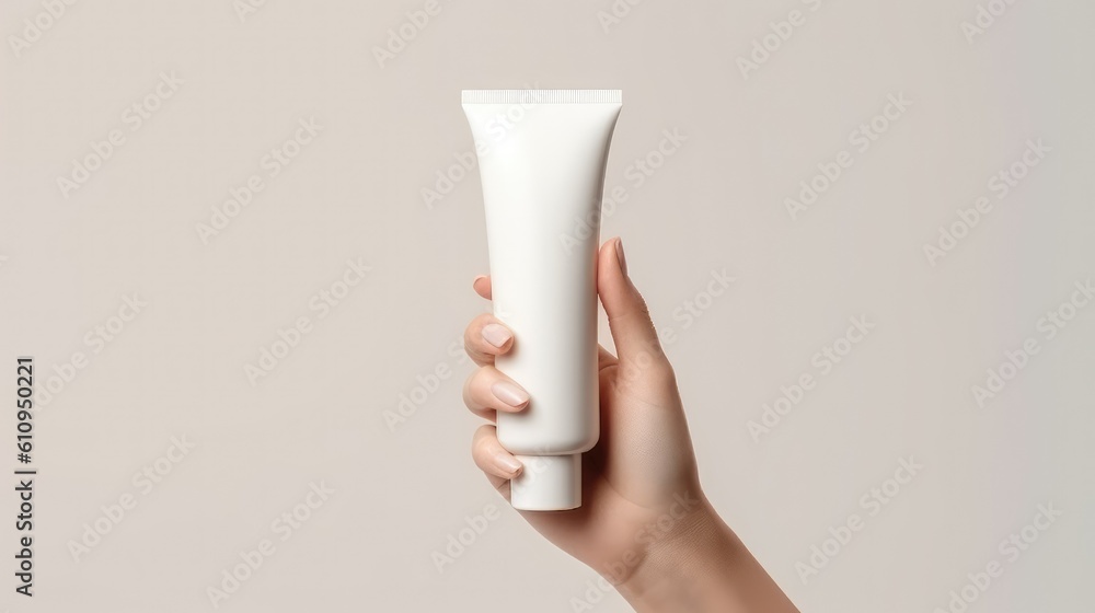 hand holding a white cream tube, isolated on clean white background, in advertising stock mockup style - generative AI hand holding a white cream tube, isolated on clean white background, in advertising stock mockup style - generative AI